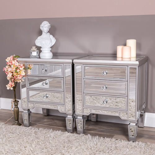 Pair of Silver 3-Drawer bedside Chests | Chic Bedroom Furniture